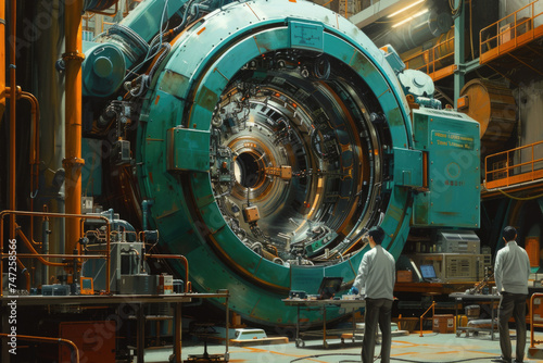 Engineers in white lab coats examine a massive turquoise particle accelerator, surrounded by industrial orange and steel tones.