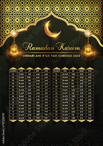 Ramadan Schedule for Iftar and Prayer time table Template design.