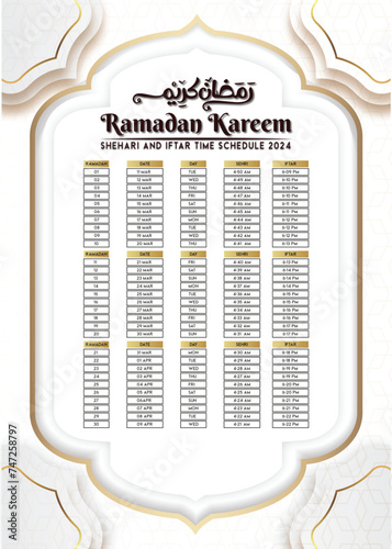 Ramadan Kareem Schedule - Fasting, Iftar, and Prayer timetable Design Template