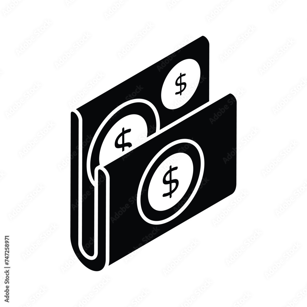 Dollar coins inside data folder showing concept icon of financial data isometric style Dollar coins inside data folder showing concept icon of financial data isometric style