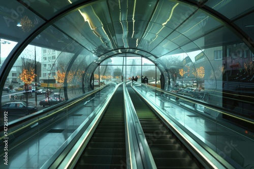 Modern escalator tunnel with reflective surfaces in an urban environment.