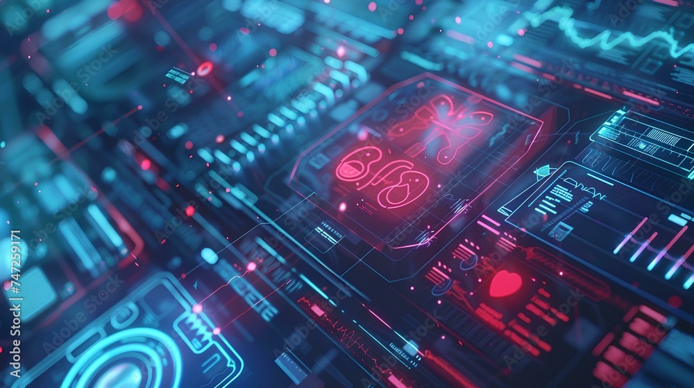 Abstract electronic circuit board with Futuristic medical interface with graphs and charts. Data for doctor technology modern medical concept