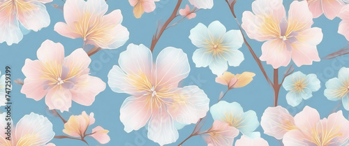 Translucent sakura flowers in pastel pink blue yellow and white