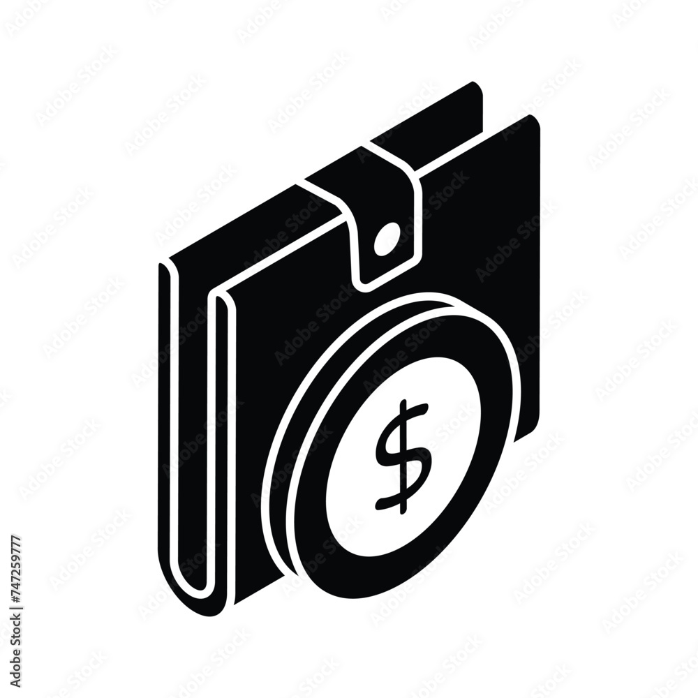 Isometric vector of cash wallet, icon of wallet having currency in editable style Isometric vector of cash wallet, icon of wallet having currency in editable style