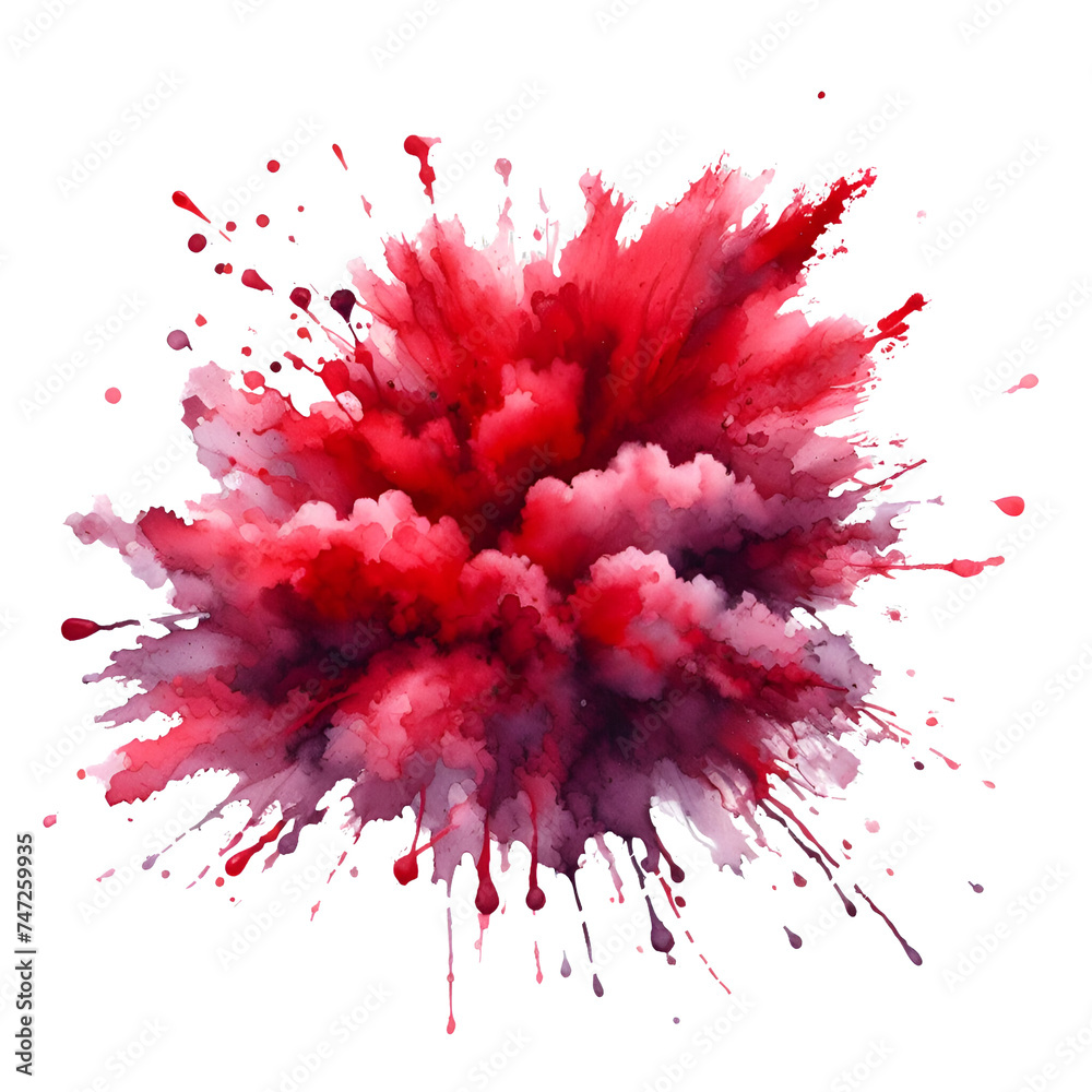 A vibrant crimson paint splash explodes across a neutral gray background, creating a dynamic and energetic composition.