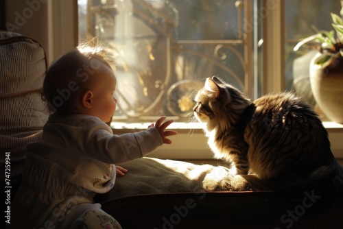 Infant and Maine Coon Cat Sharing a Tender Moment in a Cozy, Sunlit Room © P