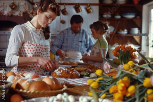 Family baking together in a cozy kitchen with a focus on a woman decorating pastries