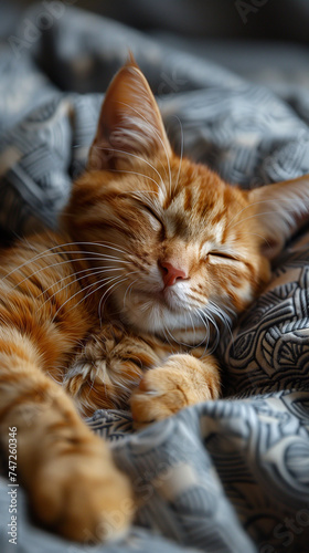 Schlafende, rote, junge Katze, eingewickelt in Decken