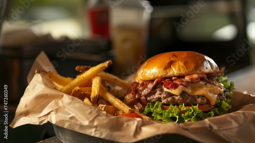 Burger stacked high with a ...