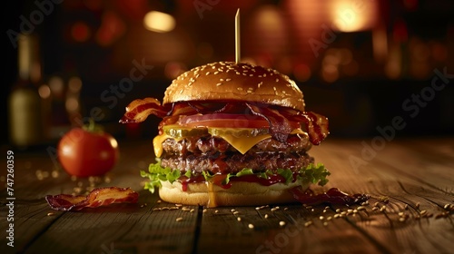 Burger stacked high with a ...