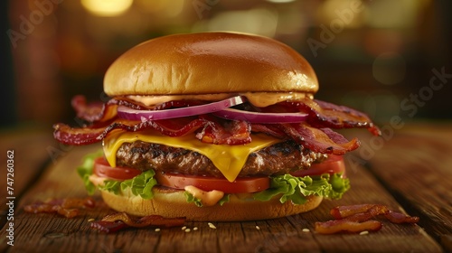 Burger stacked high with a ...