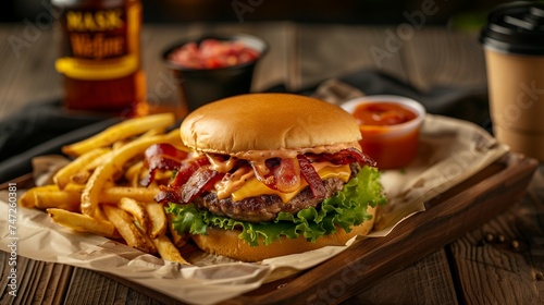 Burger stacked high with a ...