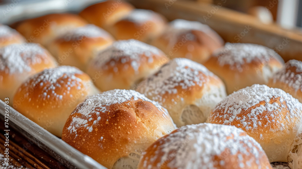 A closeup of a tray of fluffy perfectly browned dinner rolls with a dusting of flour on top.