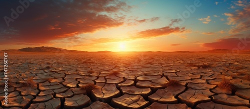 As the sun dips below the horizon, its fading light casts a warm glow over a desolate field cracked and parched due to water scarcity and global warming. The dry, fissured land stretches out as far as