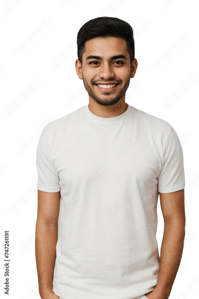 Hispanic man wearing casual clothes, smiling and looking at the camera, isolated, transparent background, no background. PNG.