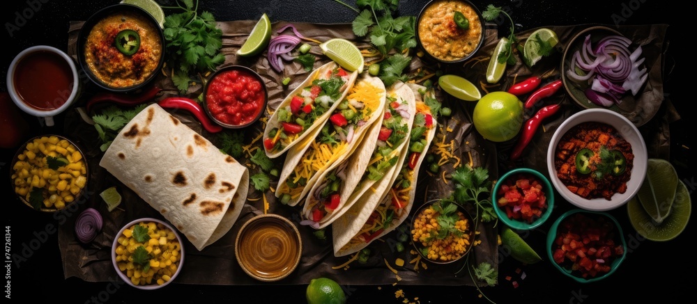 An overhead view of a dark tabletop adorned with assorted Mexican food, including tacos and bowls of salsa.