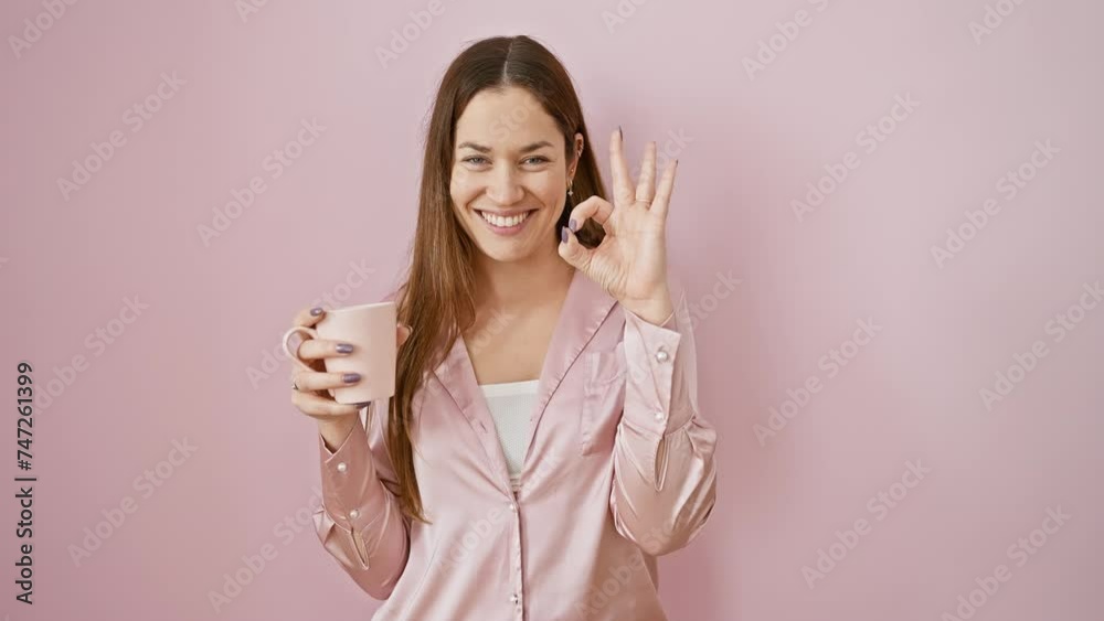 Cheery young woman with dreamy blue eyes, holding a warm cup of coffee, giving a thumbs-up in her comfy pyjamas, expressing pure joy over bright pink backdrop Cheery young woman with dreamy blue eyes, holding a warm cup of coffee, giving a thumbs-up in her comfy pyjamas, expressing pure joy over bright pink backdrop
