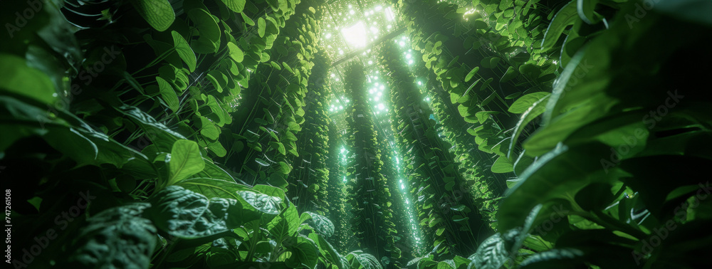 A worm's-eye view of a vertical farm, looking up at towering green walls, a ground-up perspective highlighting agricultural innovation, the canopy overhead speckled with sunlight . - obrazy, fototapety, plakaty 