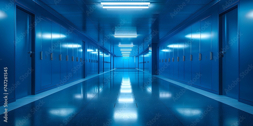 Blue Lockers Decorating the School Hallway: Creating a Vibrant Atmosphere. Concept School Hallway, Blue Lockers, Decorating, Vibrant Atmosphere, Creative Ideas