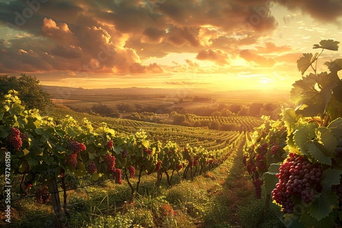 Experience the beauty of a lush vineyard with abundant grape clusters on the vines, capturing a sense of abundance and vitality in this realistic and professional photograph