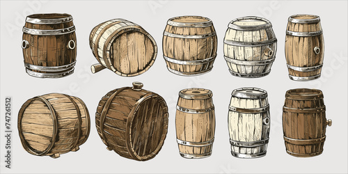 Set wood barrels. Hand drawn engraving style illustrations