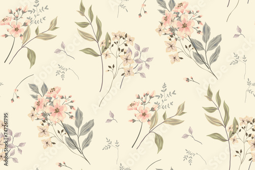 Seamless floral pattern, abstract flower print in romantic vintage style. Elegant botanical design in pink pastel colors: hand drawn wild flowers, leaves in abstract composition. Vector illustration.