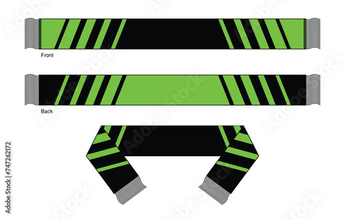 Green-Black Soccer Fans Scarf Design on White Background. Front and Back Views, Vector File