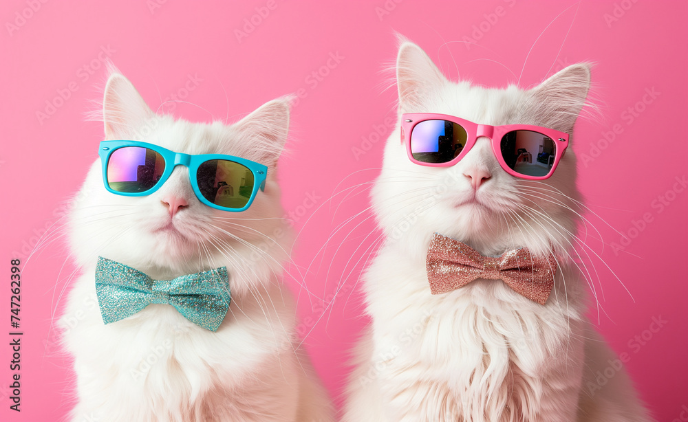 Glamourous Feline Duo: White Cats in Colorful Shades
