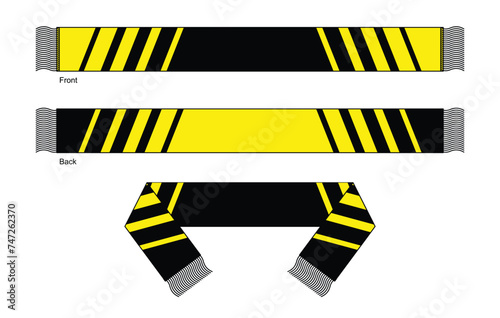 Yellow-Black Soccer Fans Scarf Design On White Background.Front and Back View, Vector File