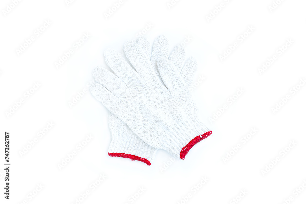 White fabric gloves with red edge isolated on white background, White cotton gloves White fabric gloves with red edge isolated on white background, White cotton gloves