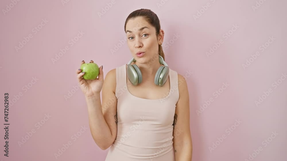 Shocked young woman in sportswear, blue-eyed wonder with apple, scared expression over isolated pink backdrop, headphones on, mouth open wide in disbelief Shocked young woman in sportswear, blue-eyed wonder with apple, scared expression over isolated pink backdrop, headphones on, mouth open wide in disbelief