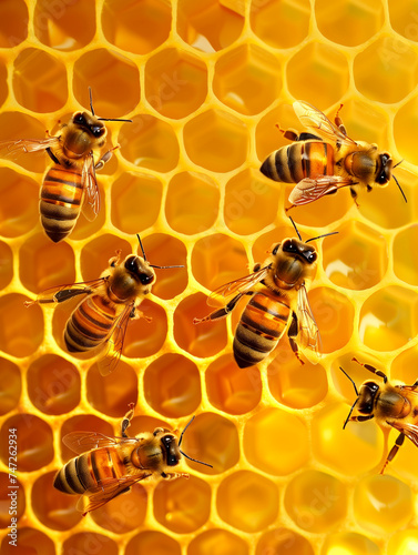 honeycomb with bees producing honey - beekeeping concept © juancajuarez