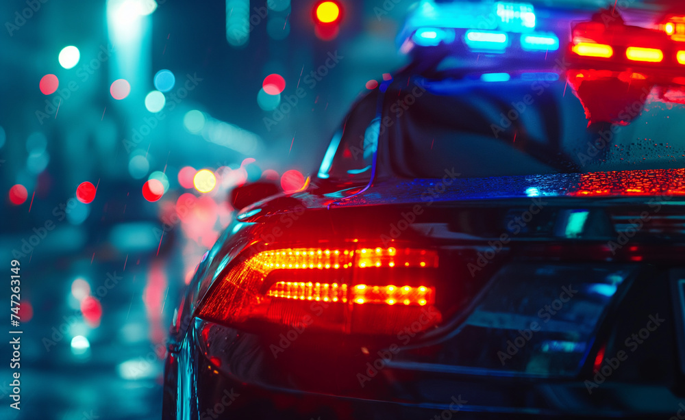 City Night Vigilance: Police Car Lights in Focus City Night Vigilance: Police Car Lights in Focus