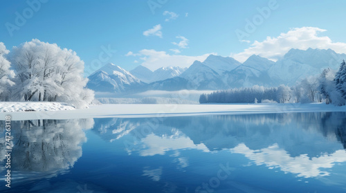 Background A scenic winter lake with reflections of the snowcovered mountains in the distance.