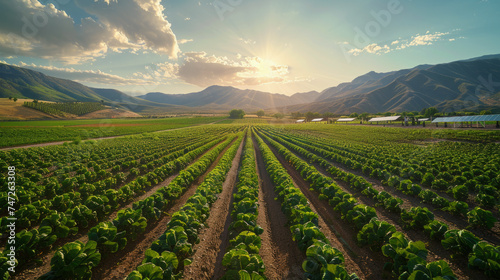 Description: Golden rays bathe a vast green lettuce farm, highlighting the symmetry and abundance of sustainable agriculture photo