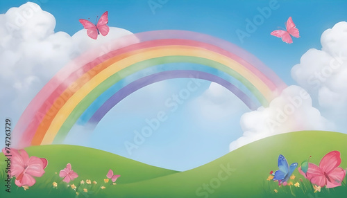 Kids friendly background banner illustration, colorful rainbow and clouds with grass landscape, butterflies flying around.  © Sudarshana