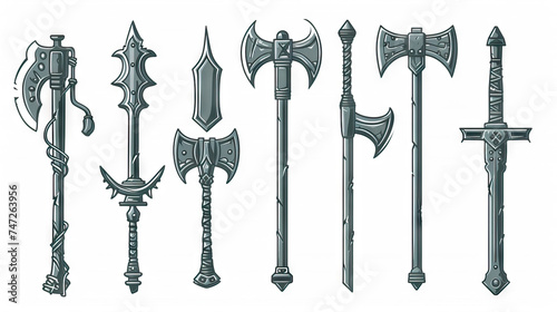 Axe, Metal Swords, and Maces. Multiple Vector Icon Illustration. Icon Concept Isolated Premium Vector.
