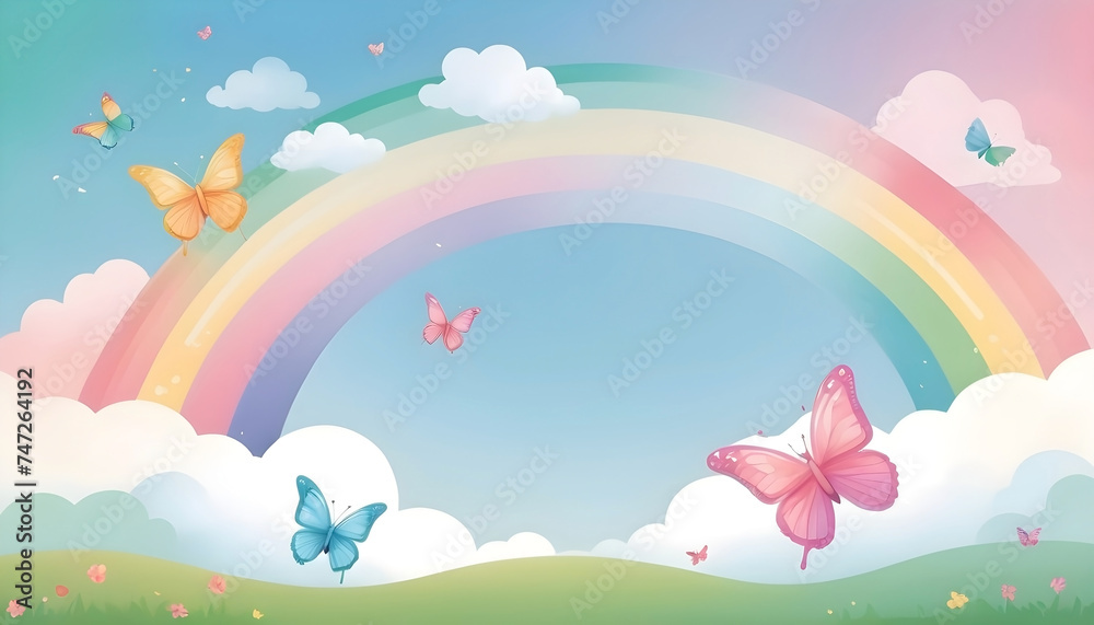 Fototapeta premium Kids friendly background banner illustration, colorful rainbow and clouds with grass landscape, butterflies flying around. 