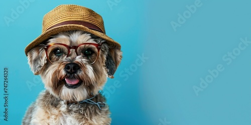 Happy dog studio shot, wearing glasses and hat, blue background, concept of Spectacles photo