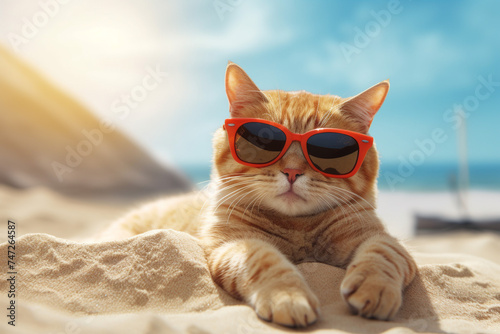 Portrait of funny cat wearing sunglasses resting on sandy beach in a sunny day with coconut leaves on the background