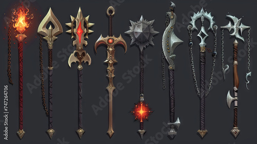 Flail, Morningstar, and Chain Whip. Fantasy Weapons. Multiple Vector Icon Illustration. Icon Concept Isolated Premium Vector.