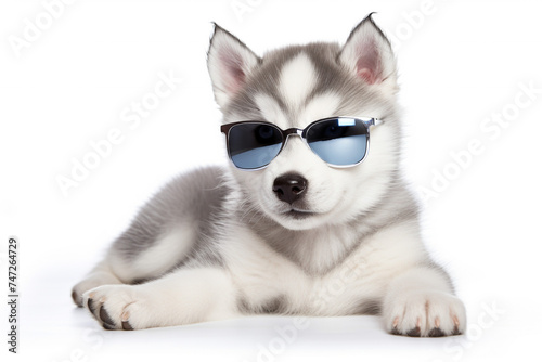 Happy siberian husky dog puppy wearing sunglasses sitting on floor isolated on white background