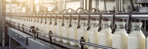 Milk bottles moving along conveyor belt in dairy plant