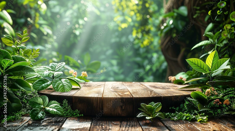 Wooden podium for product presentation with green leaves Wooden podium for product presentation with green leaves