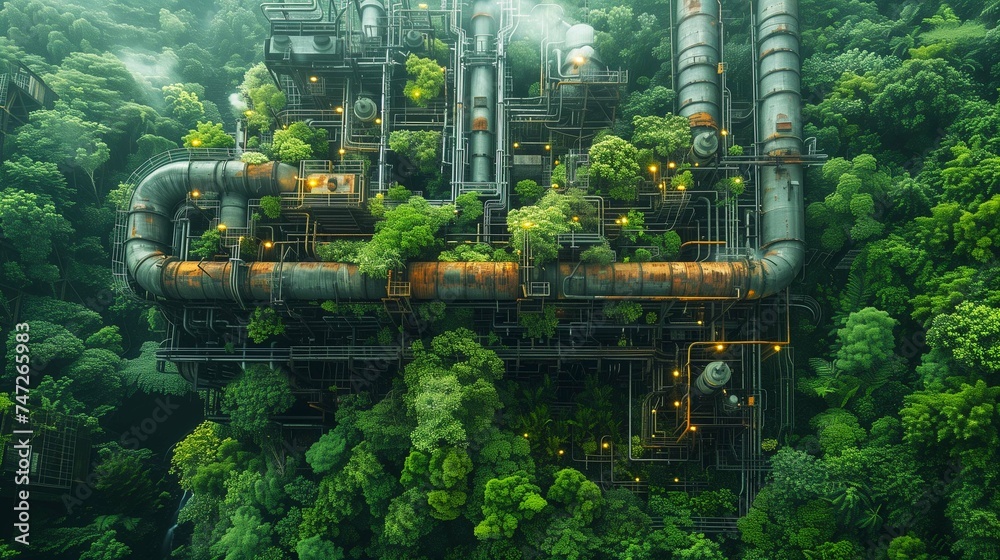 Industrial with its harsh metallic structures against the natural beauty of a dense, green forest. Carbon footprint idea