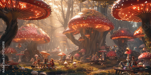 Whimsical Tea Party in the Mushroom Forest  A Surreal Gathering of Characters Enjoying Tea and Treats in a Forest Dotted with Giant Mushrooms