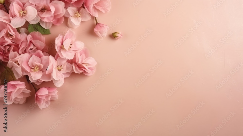 Beautiful delicate pink flowers on a beige background. Abstract layout of a colored frame with space for text. An invitation to a wedding. The concept of International Women's Day, Mother's Day. Beautiful delicate pink flowers on a beige background. Abstract layout of a colored frame with space for text. An invitation to a wedding. The concept of International Women's Day, Mother's Day.