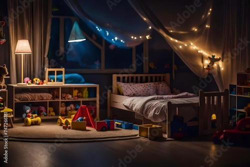 Empty children's bedroom in the evening with toys and tent set up. Kindergarten block during night time