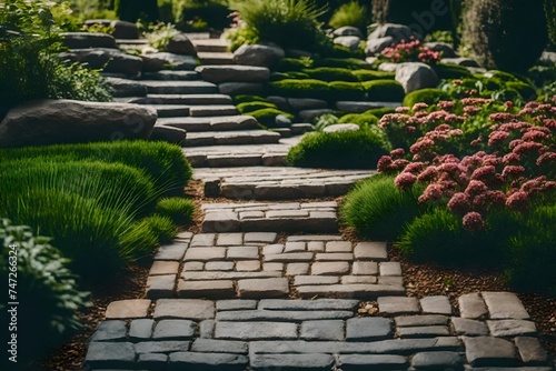 Garden stone path with grass growing up between the stones. Detail of a botanical garden