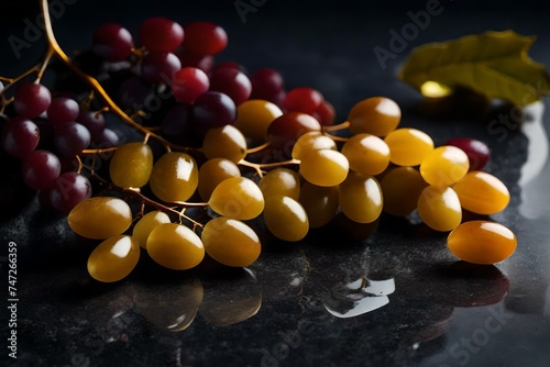 Golden branch of wine grapes on a granite surface